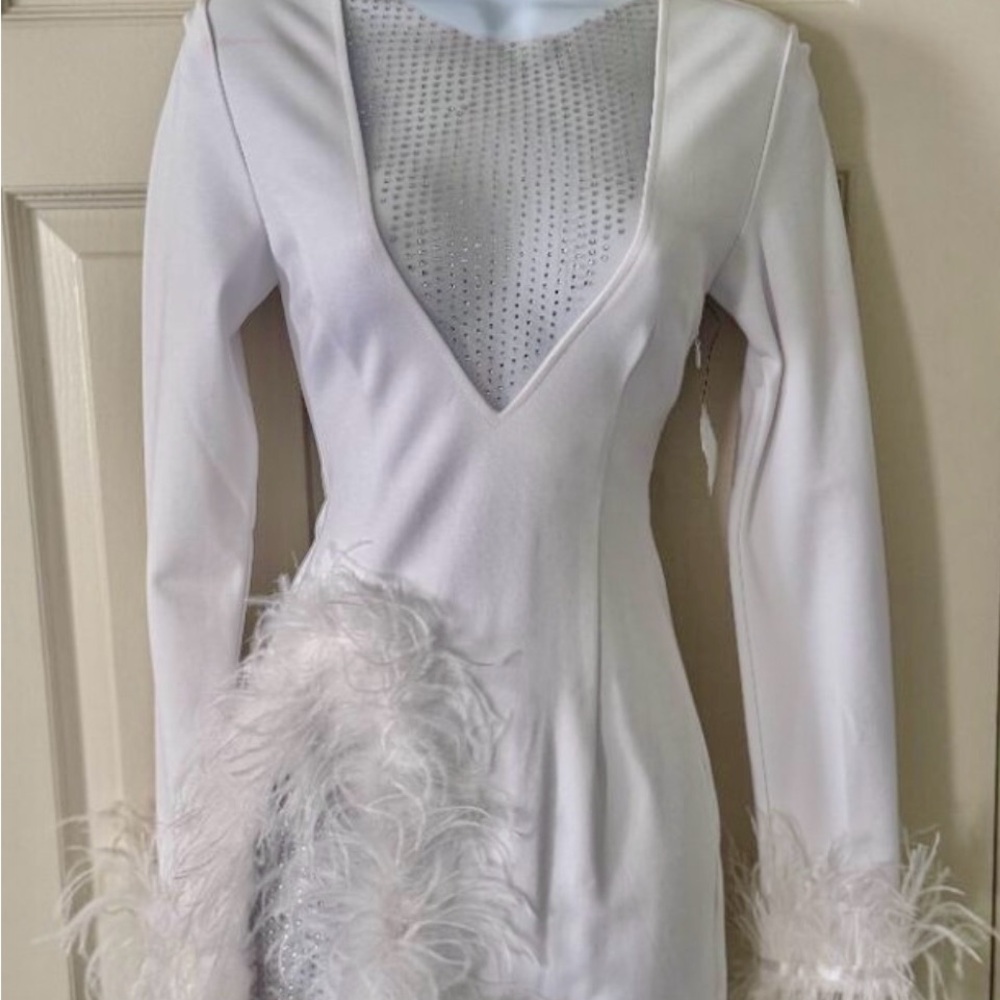 Elegant White Feather-Trimmed Dress